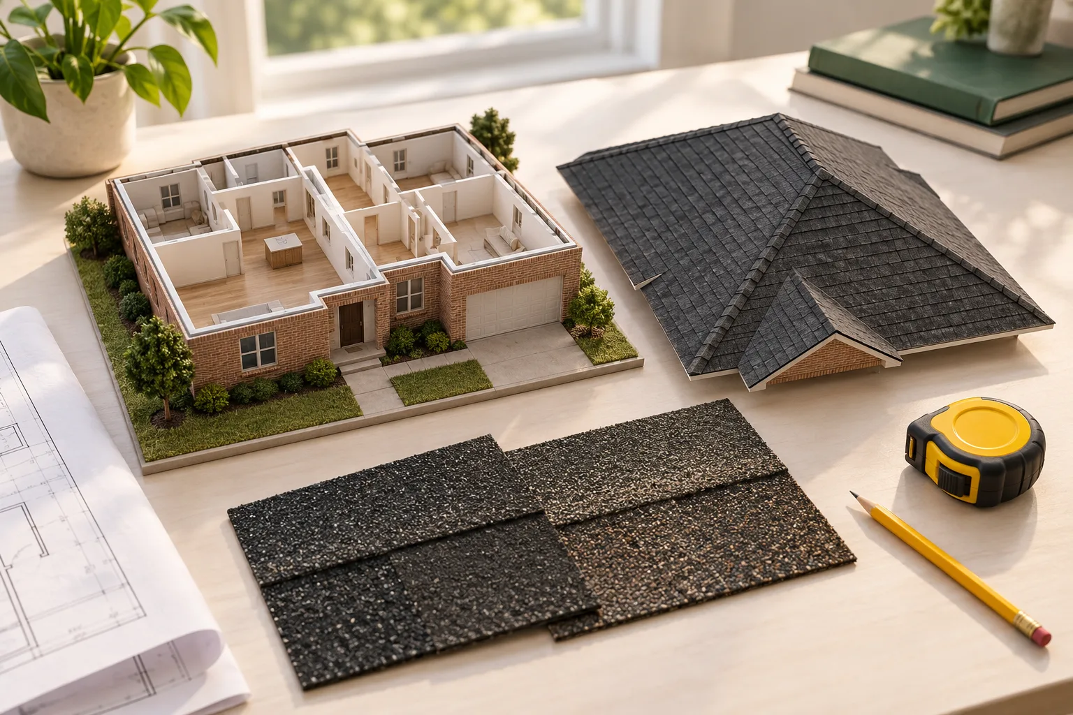 House model beside its sloped roof, shingle samples and tape measure